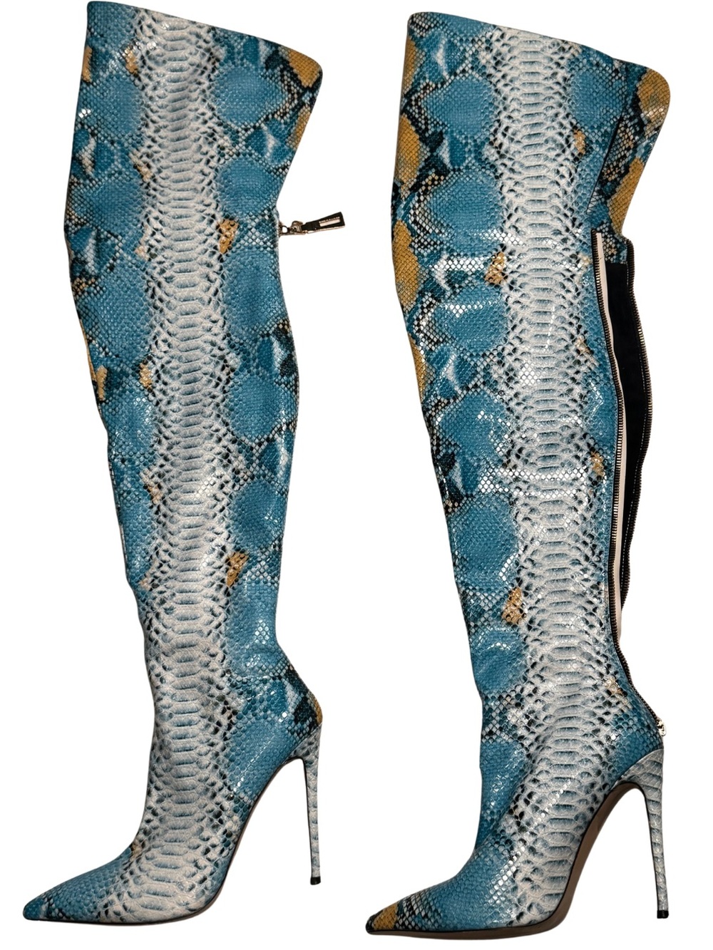 Blue Snake-Print Over-the-Knee Stiletto Boots